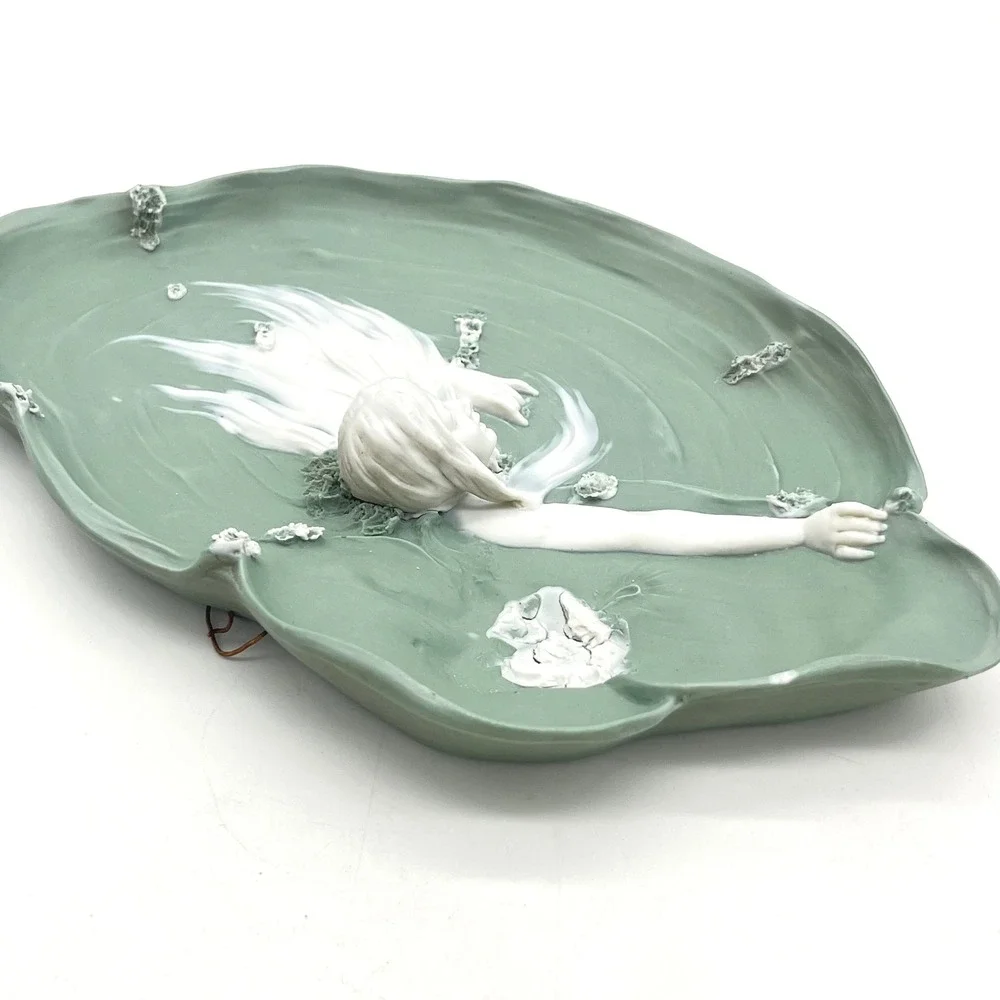 Art Nouveau Ceramic Maiden Lily Pad Tray Sage Green White Sculptural Relief 8.5